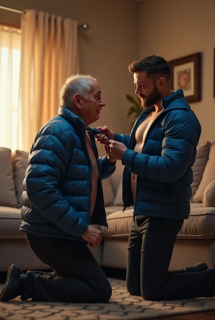 Create a hyper-realistic, high-resolution image showing two extremely handsome  brightly lit living room. The older man, aged 42, with short hair beginning to show signs of balding, is wearing dark pants and an open, *extremely shiny blue nylon puffer jacket* that exposes his slightly hairy chest and slightly prominent belly. He is kneeling on the floor, *wearing a collar around his neck*, being pulled by his nephew, a 2 man with a naturally attractive physique, dressed in a fitted shirt and casual pants. (((The *nephew pulls the collar with a confident and authoritative expression*, while the uncle, *kneeling*, looks up with a submissive expression))). The living room is warmly lit, with modern, comfortable decor that enhances the realism of the scene. The image should capture every detail with precision, emphasizing the interaction and contrast of roles between the two men.