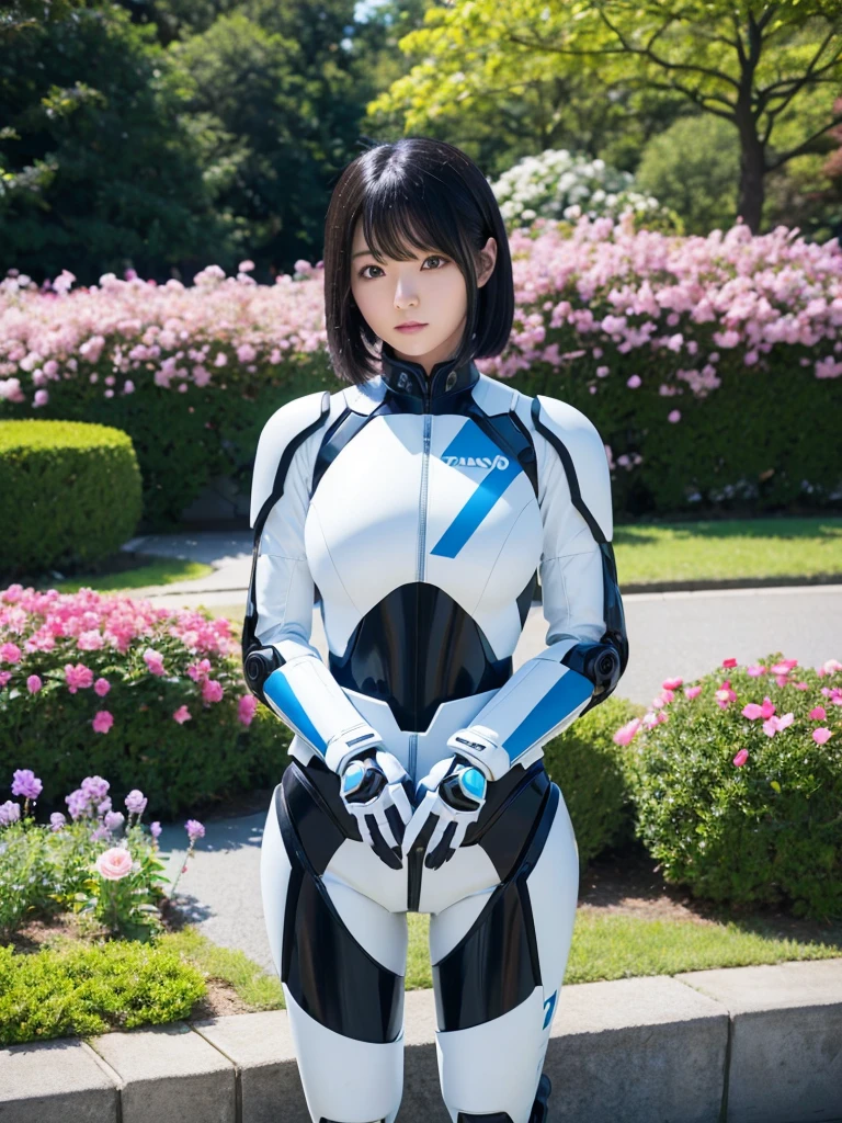 Japanese female android,Black Hair,White and blue robot suit,Plump,Looking at flowers in a flowerbed in the park,