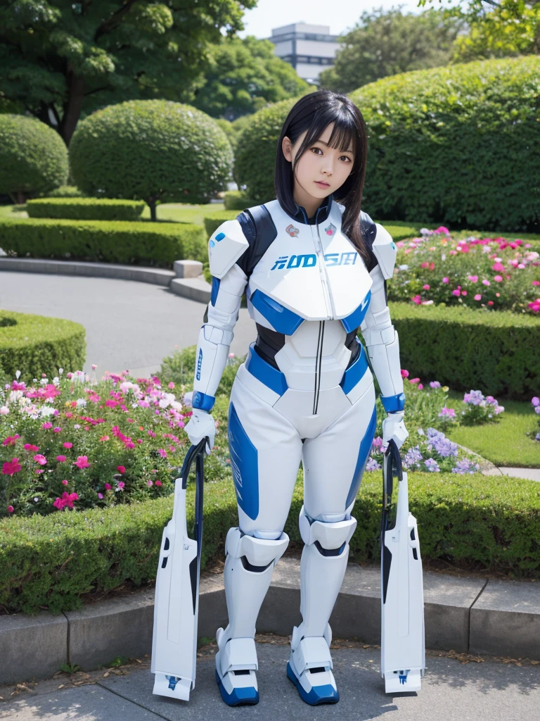 Japanese female android,Black Hair,White and blue robot suit,Plump,Looking at flowers in a flowerbed in the park,