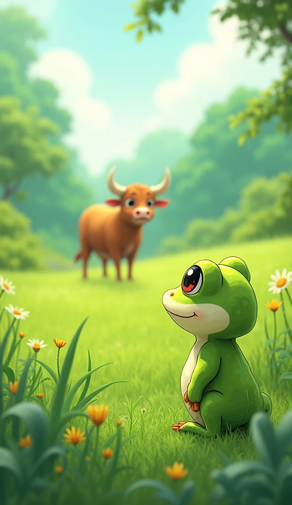 In a green grass a little green frog from is looking at the ox and the ox is standing a little far away from frog
Show as cartoons