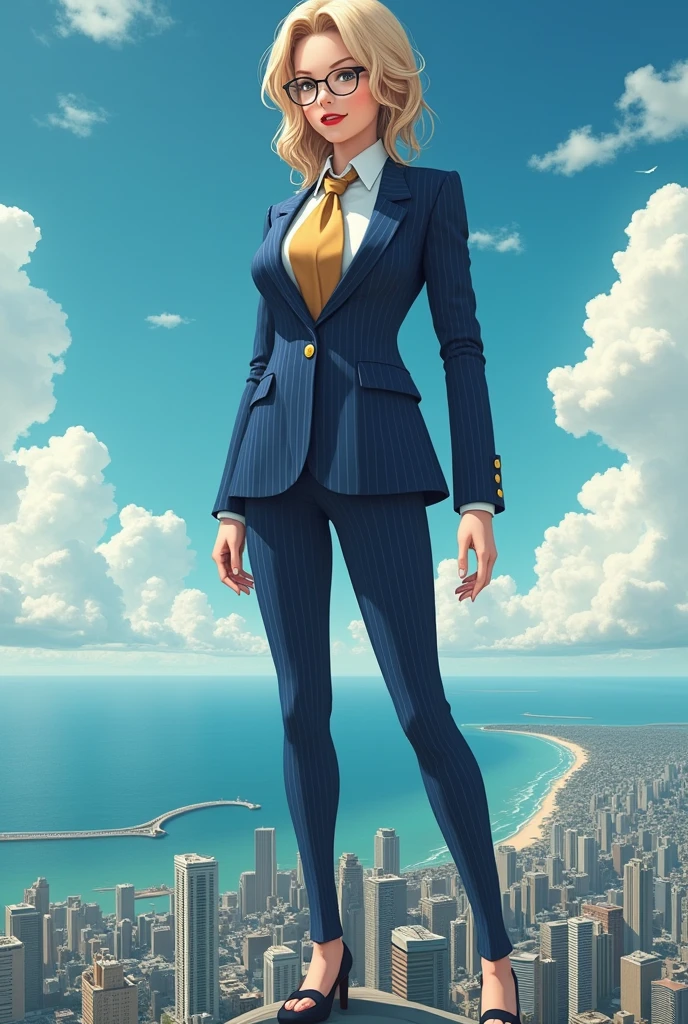 (photorealism:1.2), beautiful schoolgirl a massive curvy blonde ponytail red lips wearing a perfect dark blue pinstripe suit with a thick golden tie large collar large breasts. , standing, giantess art, highly detailed giantess shots, giantess, most detailed, perfect face, Two legs, Five fingers, short hair, A high school girl who is bigger than a skyscraper, Wearing rimless glasses, smile, huge breasts, seaside metropolis, numerous Destroying cities, Under heavy attack, A very small big city, Miniature metropolis, Full body description, GTS, giga giantess, gigagts, stomping city, crash city, tiny city, micro city, , High resolution, highest quality, masterpiece,