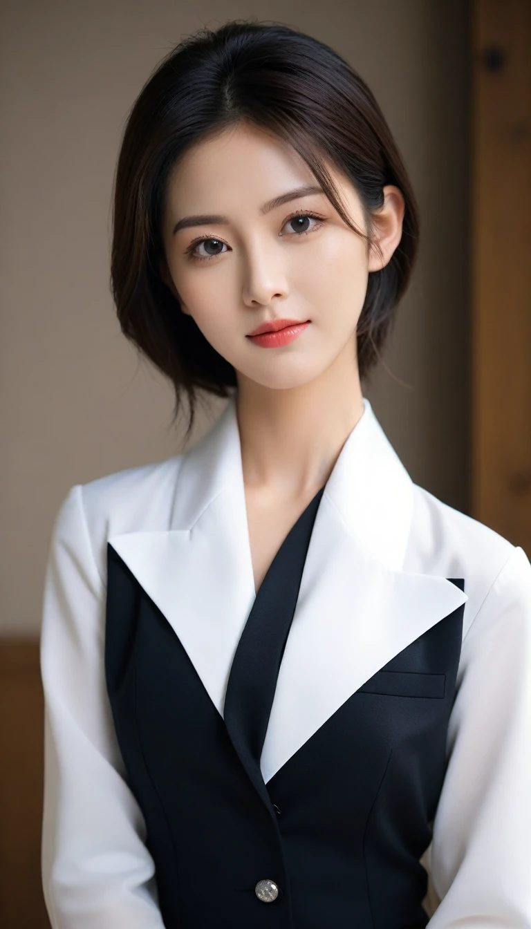 8k, ultra high resolution, best quality, masterpiece, 三分割法によるpicture,surreal, picture, 1 girl,LD:1.3), Pretty Woman, Cute face, Beautiful Eyes in Every Detail, 細かくdetailedに,masterpiece,one girl:1.2, Japanese female announcer,tabletop,glaring,black hair,hair pulled back,Blazer Uniform,White collar blouse,The buttons on the chest are open..,sharp focus、Complete dynamic configuration、Beautiful and detailed、thin hair、Detailed, real skin texture、laugh、클로즈업 portrait、model body type,Looking at the audience、beauty,long neck、(((ideal body type))), one cup :2,、portrait:2、complete anatomy、なdetailed、detailed、surreal、light and shadow,strong light