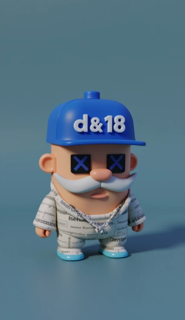 A unique toy character with a pixel art style. The character wears a hat with the text 'D&D198' displayed prominently on the front panel, in a stylish font. The character also has glasses, with one lens showing 'Xand the other x ensuring the text is legible. The character is dressed in modern streetwear, detailed with newspaper and magazine elements instead of regular patterns, and vibrant colors. The background is colorful, making the character look stylish and futuristic. The image should have a high-quality, C4D-style render
