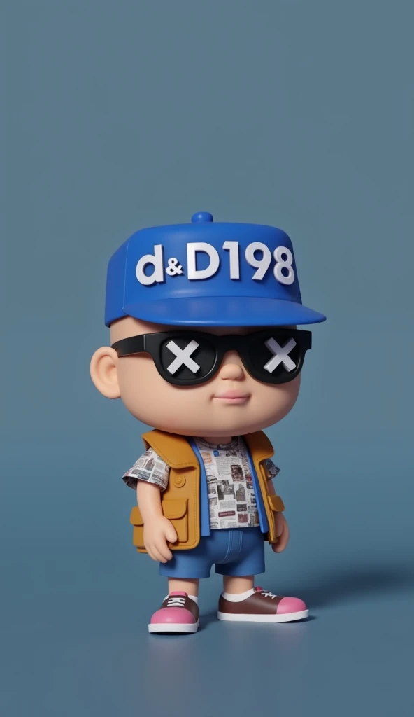 A unique toy character with a pixel art style. The character wears a hat with the text 'D&D198' displayed prominently on the front panel, in a stylish font. The character also has glasses, with one lens showing 'Xand the other x ensuring the text is legible. The character is dressed in modern streetwear, detailed with newspaper and magazine elements instead of regular patterns, and vibrant colors. The background is colorful, making the character look stylish and futuristic. The image should have a high-quality, C4D-style render