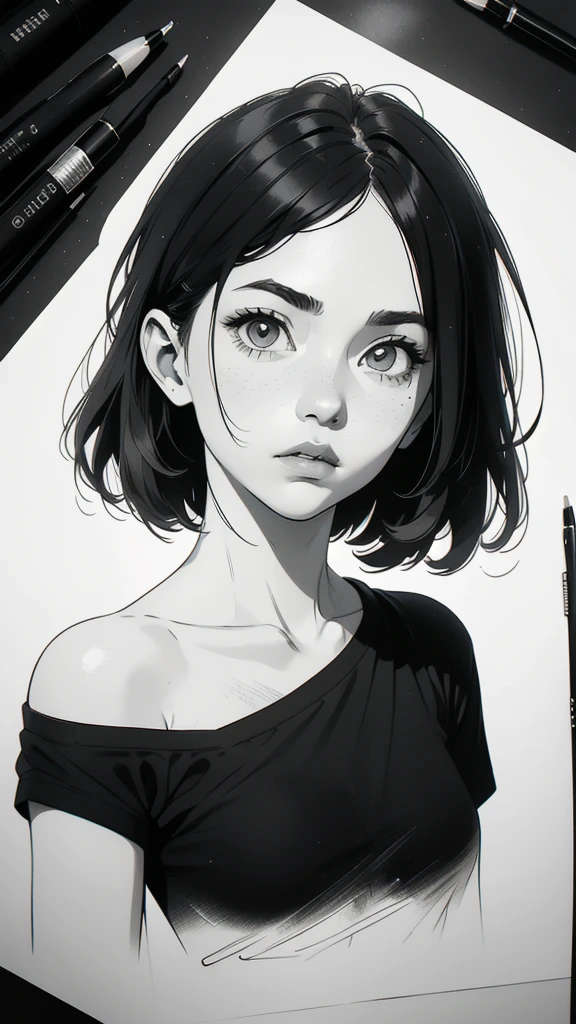 1 boyish girl, solo, sharp eyes, monochrome, greyscale, shoulder length black hair, portrait, blank white T-shirt, Thin eyebrows, closed mouth, looking at viewer, graphite \(medium\), detailed lips, hatching \(texture\), without makeup, (bangs), upper body, (best illustration), (best quality), (very detailed), (masterpiece), expressionless,