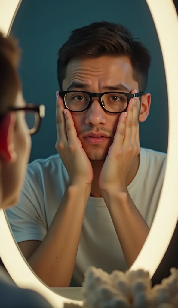 A person looking frustrated in the mirror, wearing generic plastic glasses
