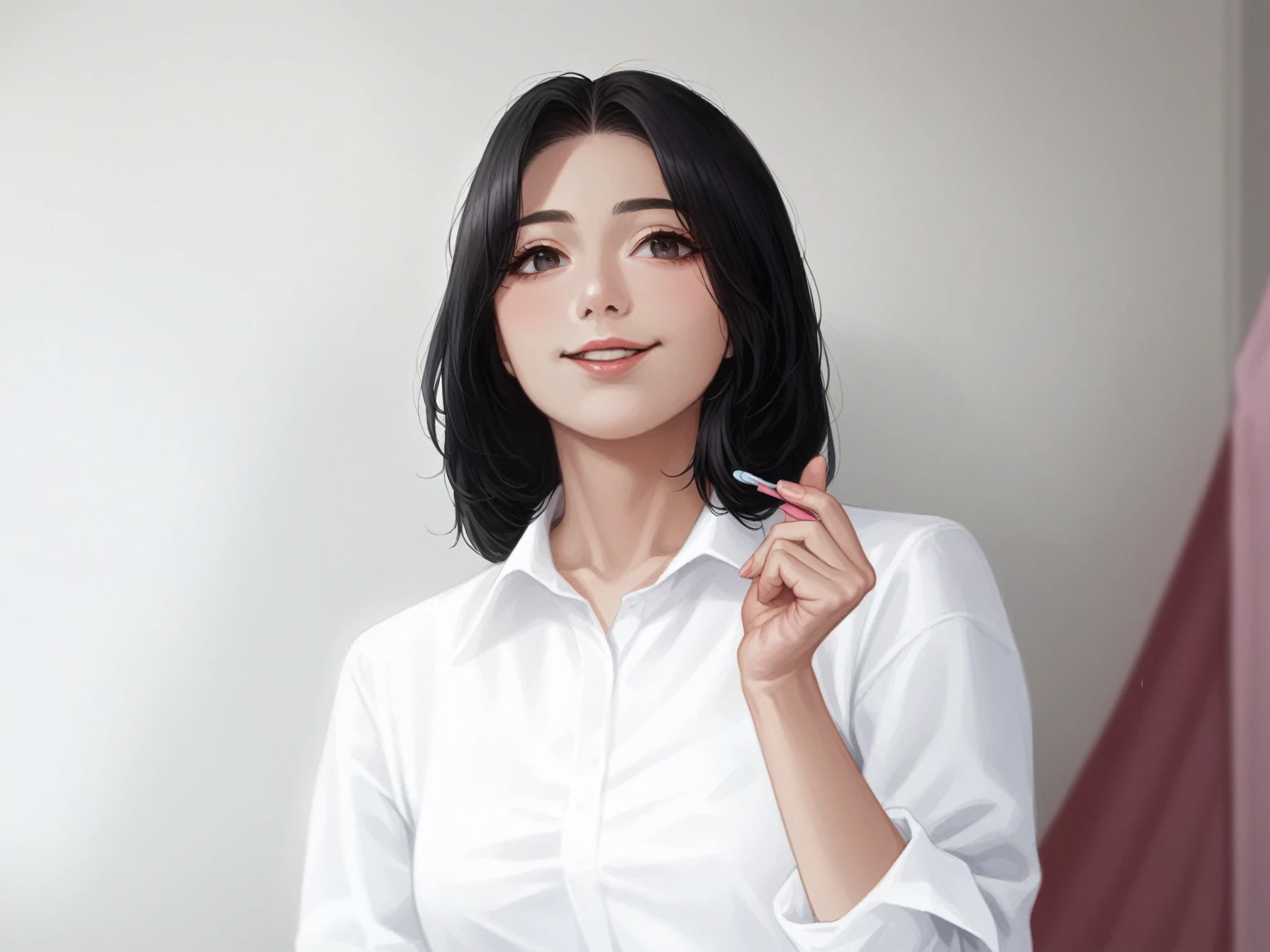 there is a woman holding a toothbrush in front of a white wall, portrait of female korean idol, tzuyu from twice, lee ji-eun, female actress from korea, lee ji - eun, portrait of jossi of blackpink, cute korean actress, heonhwa choe, beautiful young korean woman, kwak ji young, inspired by Kim Jeong-hui