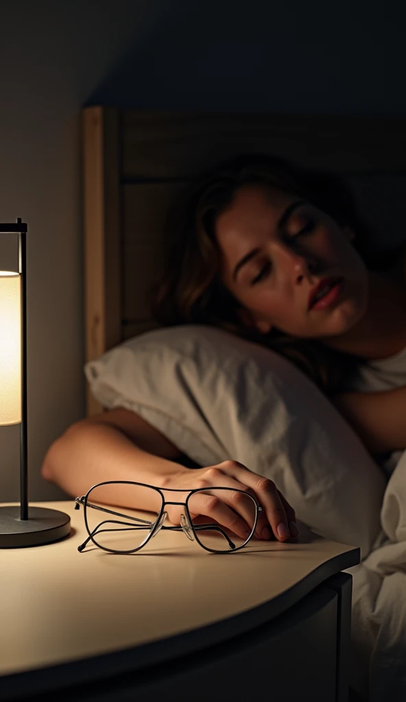 A sleepy person reluctantly reaching for plain glasses on a nightstand