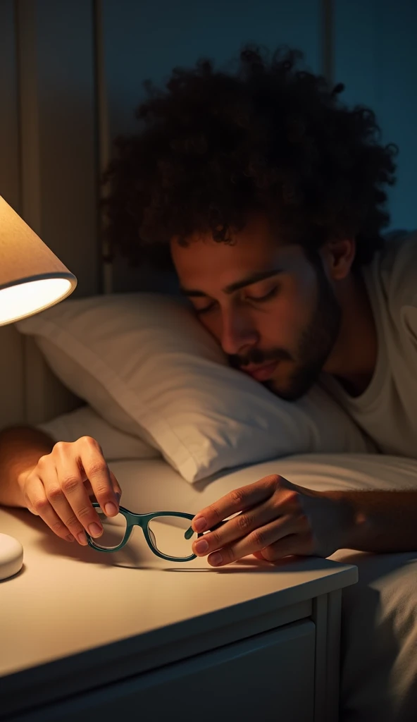 A sleepy person reluctantly reaching for plain glasses on a nightstand