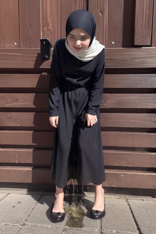 (pp clothes), (realistic), A hijab girl sees the ghost and peed herself, standing position, peeing herself on to skirt, peeing:1.3, urination:1.3, pee stain:1.2, pee puddle:1.1, view to viewer