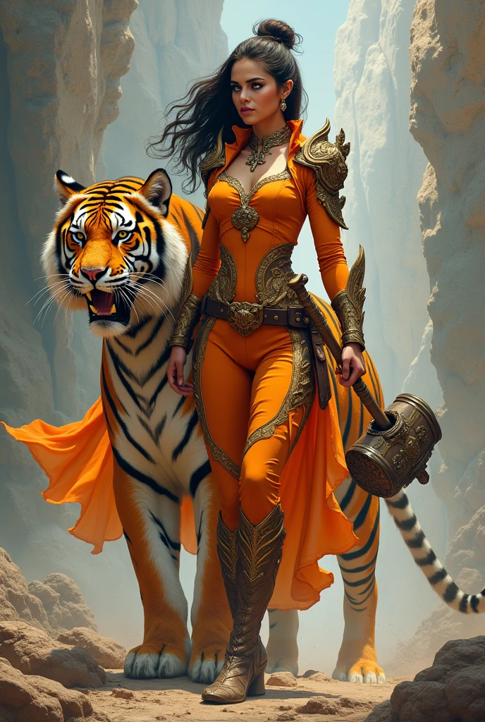 Orange lady Warrior suit with hammer of fairy of art, together with a tiger( make the stripe of it a art )