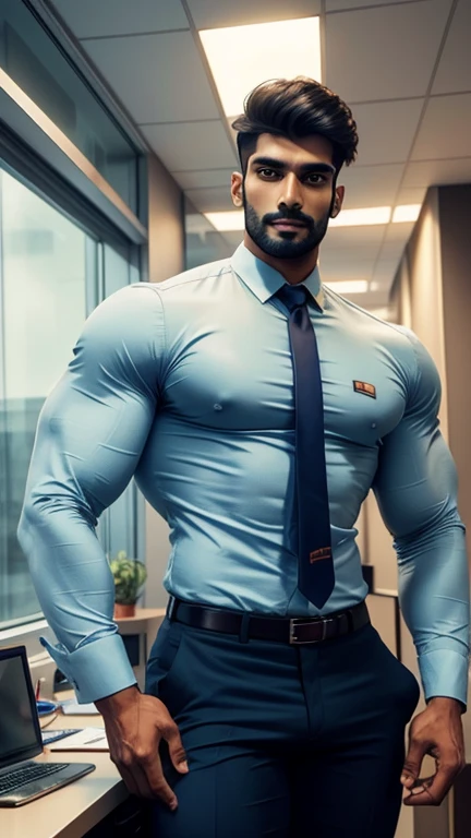 Indian tall muscular man, age 30, in office, strong bulge, seductive