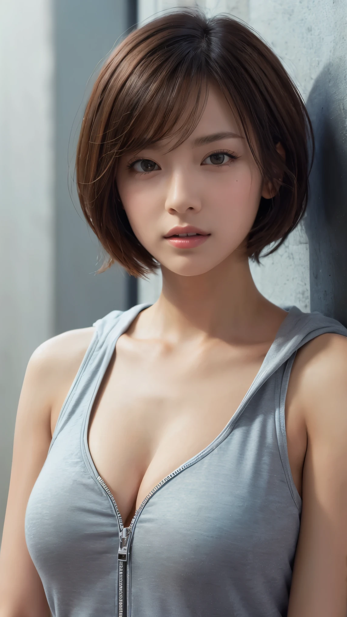 masterpiece, Highest quality, Very detailed, 8k, Realistic, One Girl, alone, Tomboy, Very detailed face, (head shot:1.5), Upper Body, silver pixie cut hair, She is wearing a short tank top and an open zippered hoodie., I can see her cleavage,Emphasise that you're not wearing a bra、Reaching into the pocket of a hoodie,Futuristic urban landscape