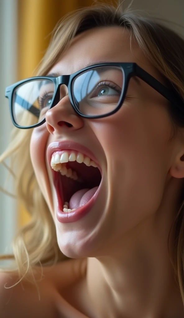 A close-up of a person yawning while wearing typical plastic frames