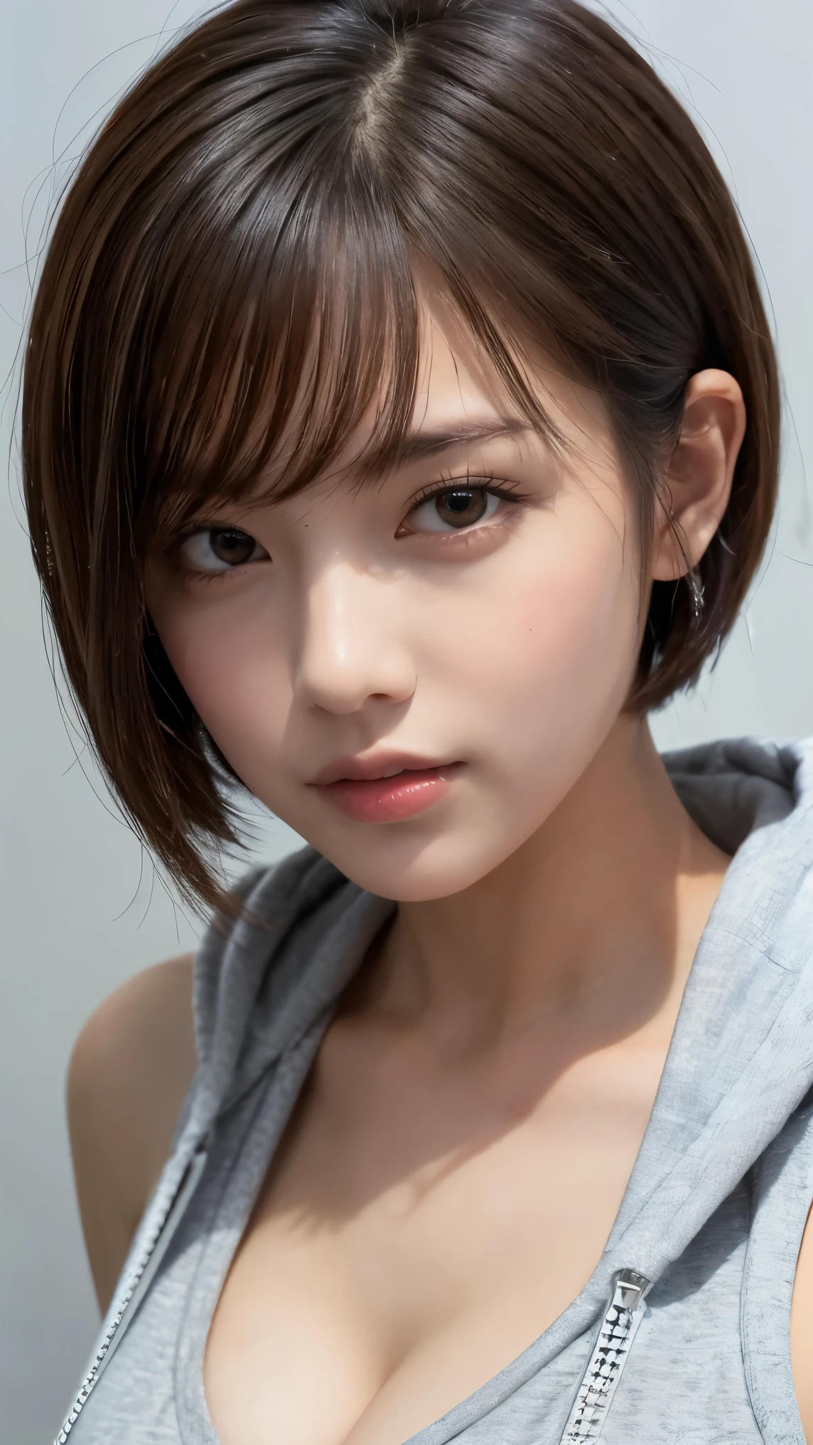 ((top-quality、8K、masterpiece:1.3))、1 Japan person model、Wistful expression、full body Esbian、Slim Faces、Pretty women、(dark brown hair,so short hair)、Colossal tits,doress、hyperdetailed face、A detailed eye、blured background、Slim Faces、chies,