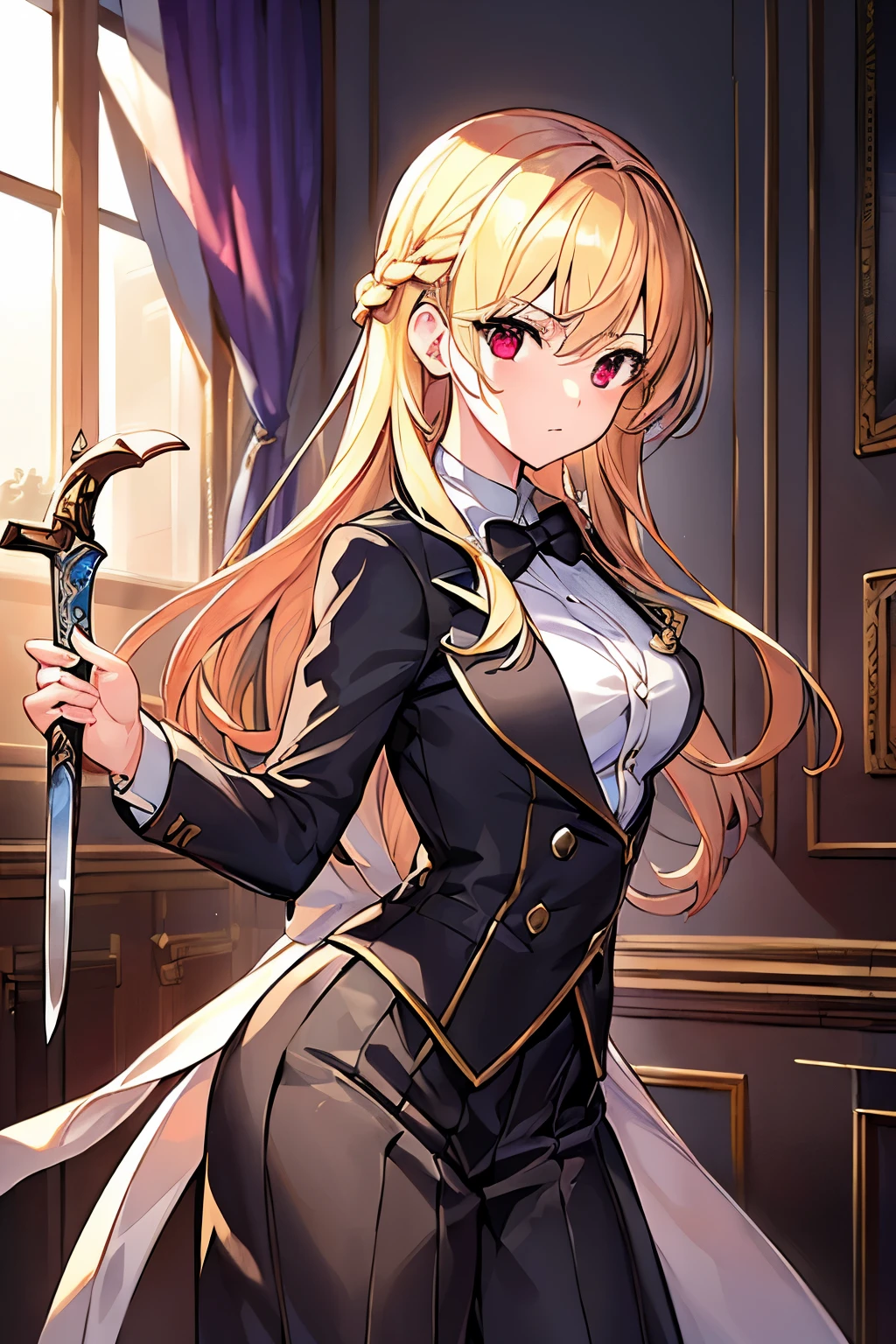(4K、masterpiece、Highest quality、high resolution、Detailed light、Detailed Shadows、Detailed Design)、1 girl、Blonde、Braided into head、tuxedo、Meet and greet、Cool clothes、Butler、Holding a sword、Sword Fighting、Fighting pose、Red Eyes、((Hunting))