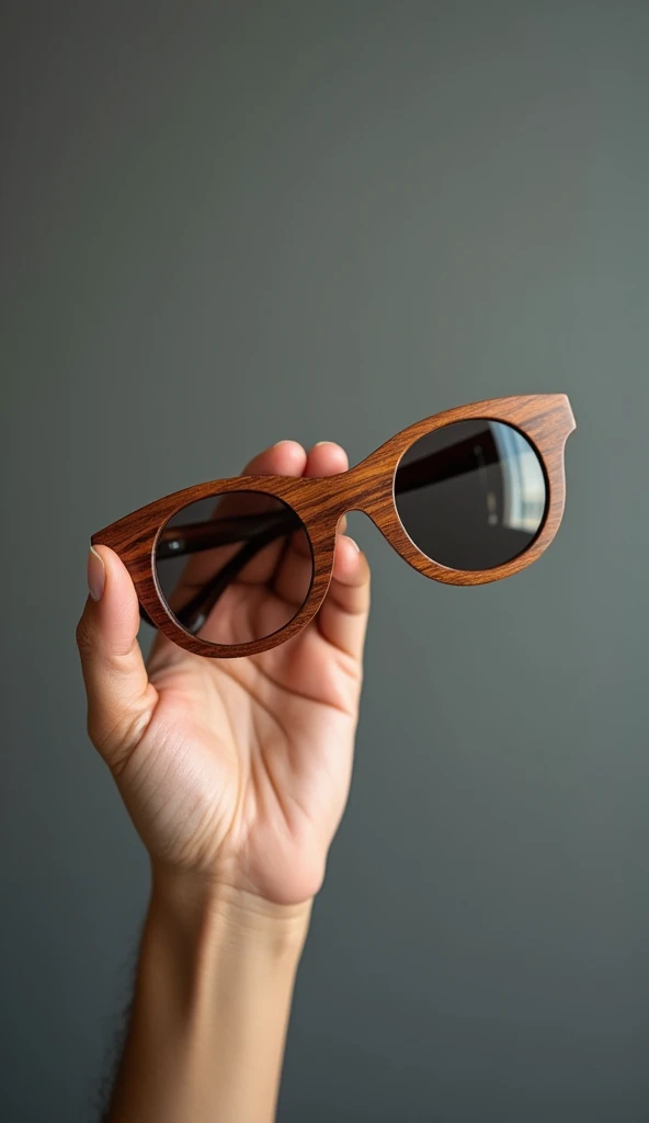 A hand holding up a pair of stylish wooden glasses

