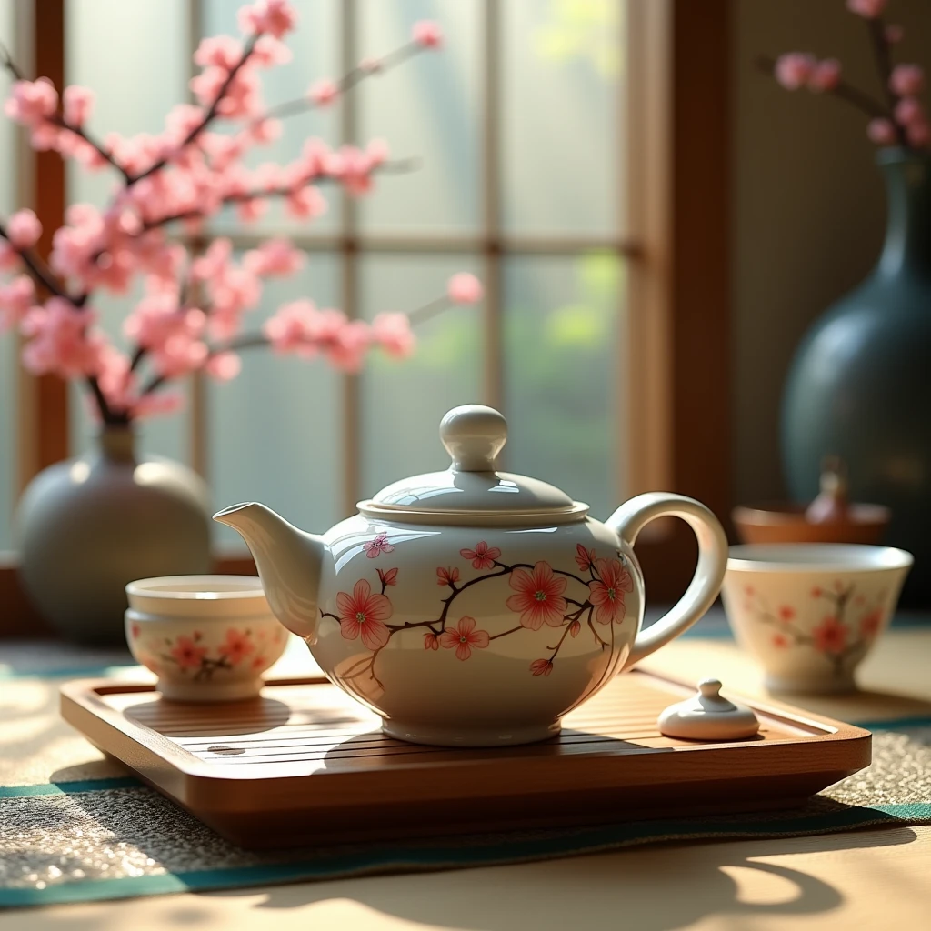 A vibrant image of a ceramic teapot set in a traditional Japanese tea ceremony. The teapot is decorated with delicate cherry blossom motifs in pastel colors, with a smooth, glossy finish. The scene includes a tatami mat, wooden tray, and ceramic cups, all arranged in a harmonious composition. Soft, diffused light adds a serene ambiance.