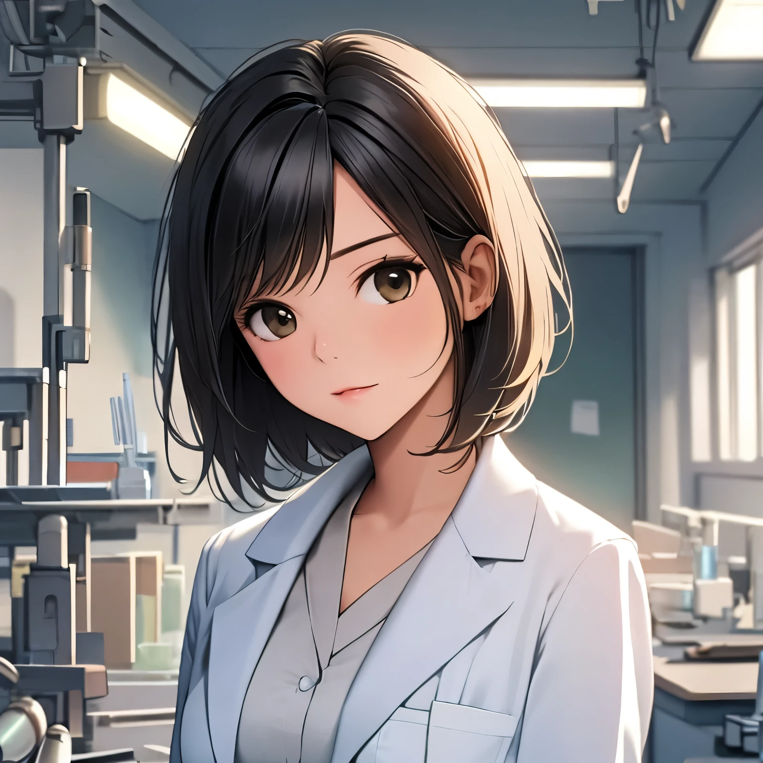 Highest quality, One girl,Black Hair、short hair, (Blur the background:0.6), (Research Room）、suit、（Light blue blouse）、30 years old, Science、Mature Woman