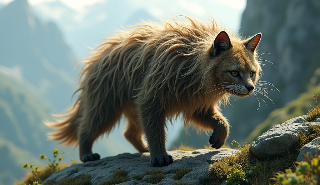 There is a wild beast on the mountain,Like a civet cat,But with human hair(best quality,4K,8k,High level,masterpiece:1.2),Ultra Detailed,(lifelike,Photo real,Photo real:1.37)