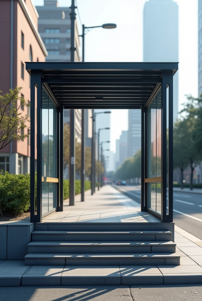 single-deck bus stop with steps, and middle horizontal bars