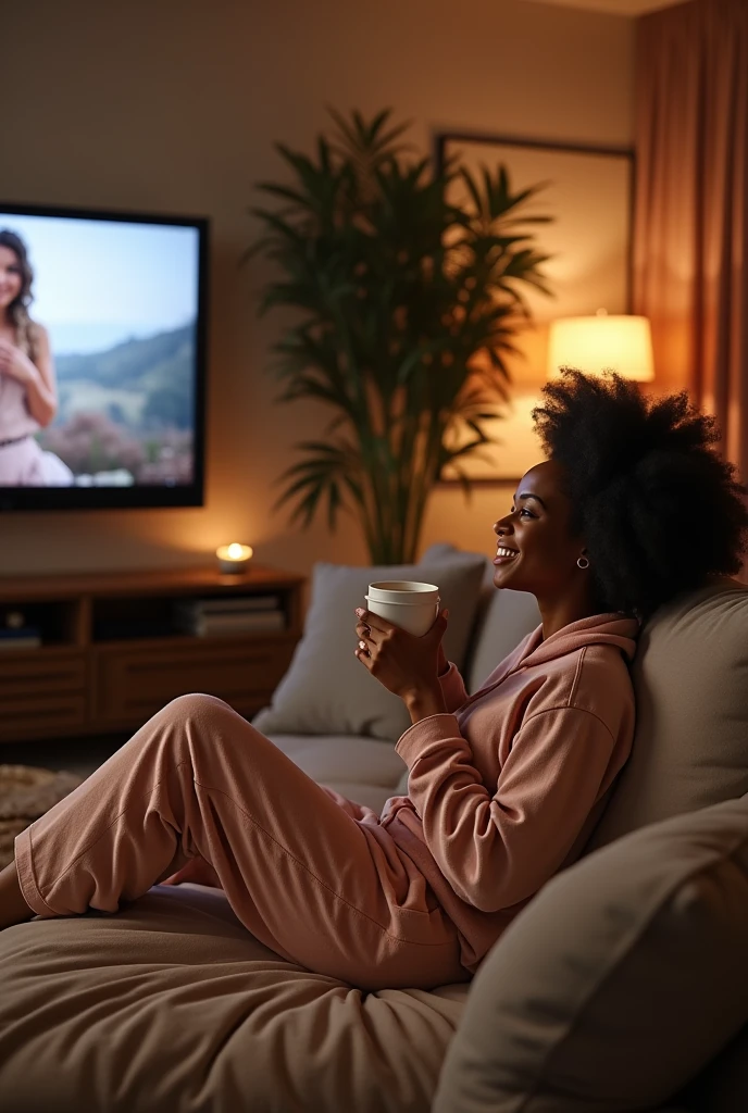 "Create a luxurious scene featuring a happy beautiful biracial woman in a boho chic Nordic living room during movie night watching sleek 100-inch TV mounted on the wall, playing an episode of 'Emily in Paris.' The room is tastefully decorated with plush furniture, elegant lighting, and artistic decor that exudes sophistication. The woman is seated comfortably, possibly on a velvet sofa, with a a stylish cup of coffee , She is dressed in chic, swear pants comfort. The atmosphere should radiate warmth, style, and a sense of relaxation, showcasing the perfect blend of luxury living and indulgent entertainment."