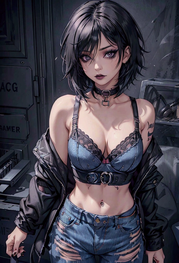 1Girl, woman, emo_hairstyle, black lipstick, dog collar, eyeliner, eye shadow, smoky eyes, realistic lighting, short hair, standing up, low waisted pants, open clothes, denim, cleavage,  jeans, belt, tattoo, bra.