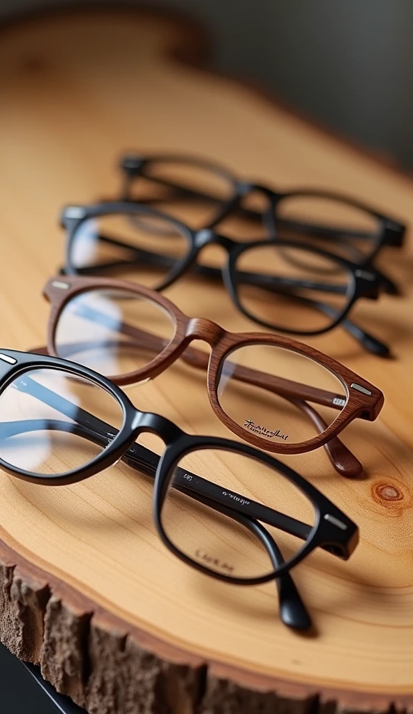 A display of various wooden eyeglass frames on a natural wood surface
