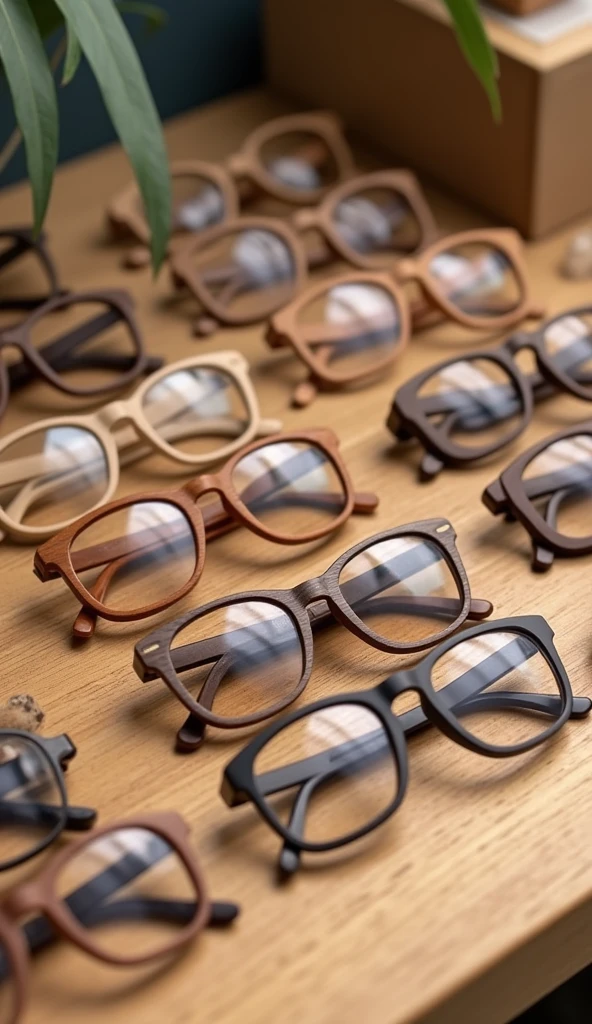A display of various wooden eyeglass frames on a natural wood surface
