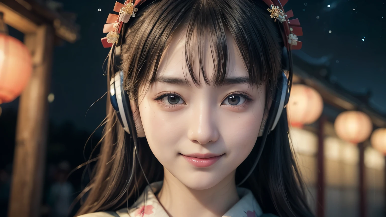 (masterpiece, highest quality, Realistic, High resolution, photograph, :1.3), Sharp focus, 1 Cute Japanese Girl, Hot Model, Highly detailed eyes and pupils, Realistic Skin, Highly detailed hair, Delicate face, Sensual look, Bright lips, Natural Lip, standing pose, smile, (Furisode:1.5), (Floral:1.2), ((sash)), ((obi)), outside of home, (Japanese Style Country), ((headphones)), ((background: night, starry sky)), ((ukiyo-e style)), ((smile)), ((1 girl)), ((close up)),