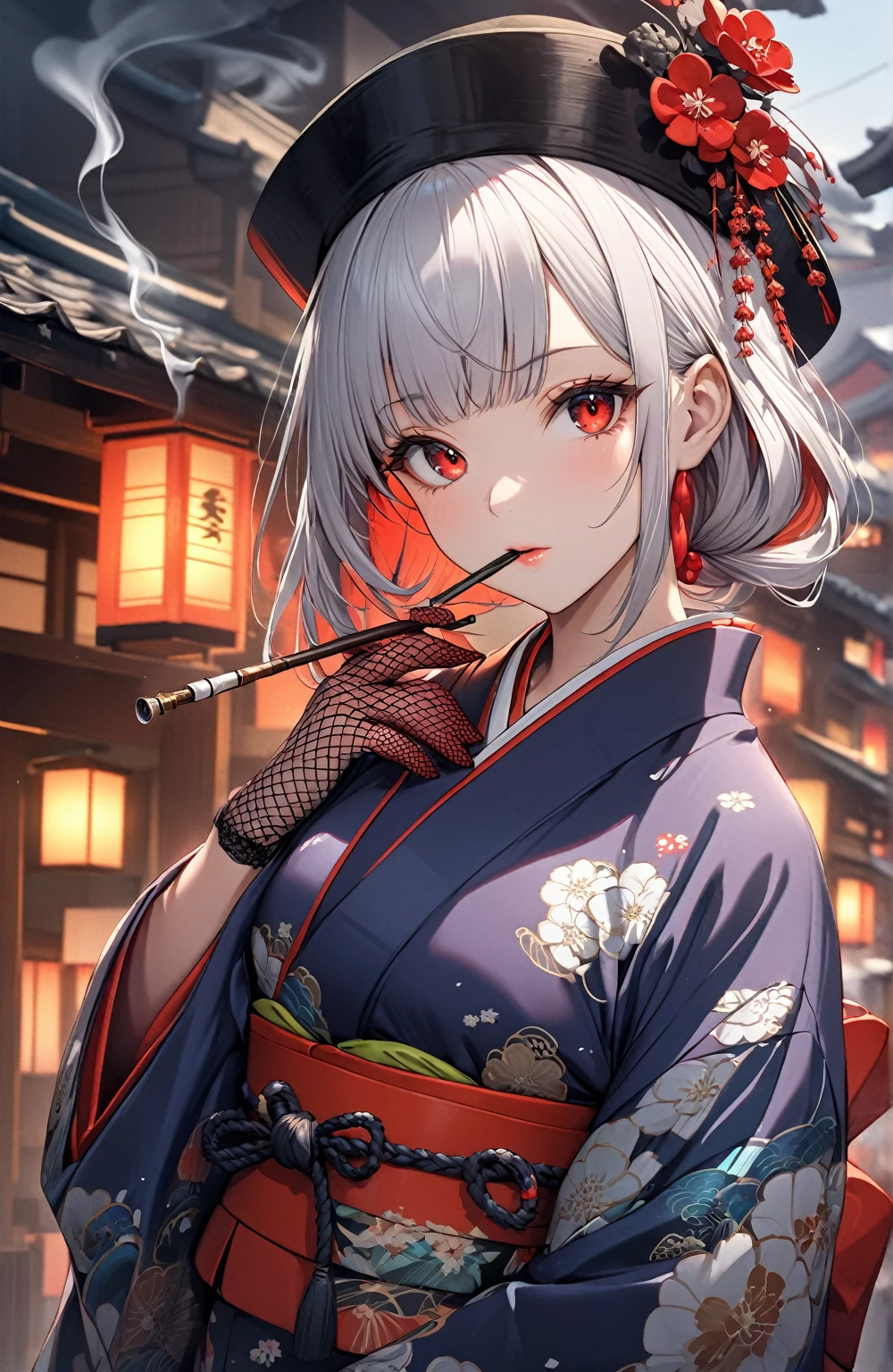 Ultra high resolution, rich colors, perfect image, top quality, detailed image, beautiful woman, glowing skin, skin and clothing texture, delicate eyes, Showa era town, kimono, Japanese clothing, haori, black toque hat, (((no hair accessory))), fishnet gloves, smoking pipe, long silver hair, red eyes