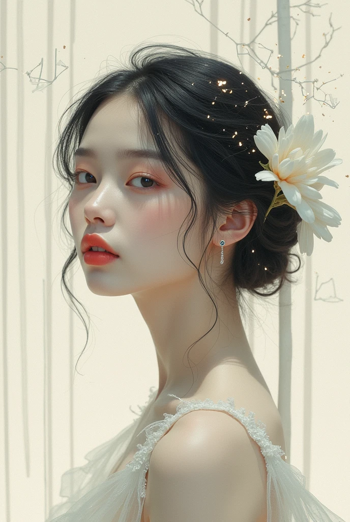 Delicate face、solo, accessories, Widescreen, Minimalist, moving line, Dutch Angle, cubism, Sparkle Effect, Open your mouth a little, 