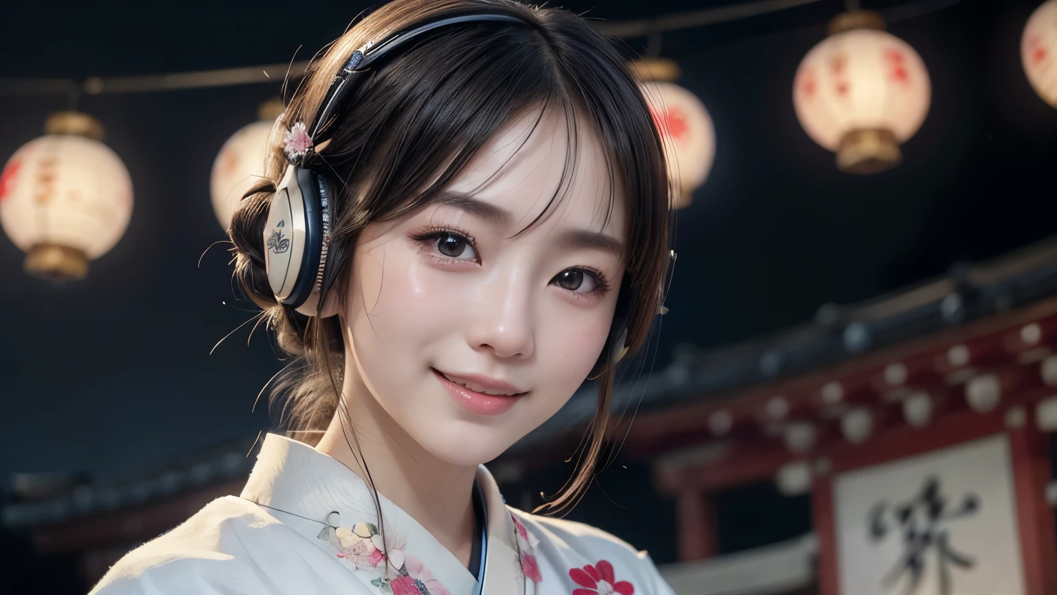 (masterpiece, highest quality, Realistic, High resolution, photograph, :1.3), Sharp focus, 1 Cute Japanese Girl, Hot Model, Highly detailed eyes and pupils, Realistic Skin, Highly detailed hair, Delicate face, Sensual look, Bright lips, Natural Lip, standing pose, smile, (Furisode:1.5), (Floral:1.2), ((sash)), ((obi)), outside of home, (Japanese Style Country), ((headphones)), ((background: night, starry sky)), ((ukiyo-e style)), ((smile)), ((1 girl)), ((close up)),