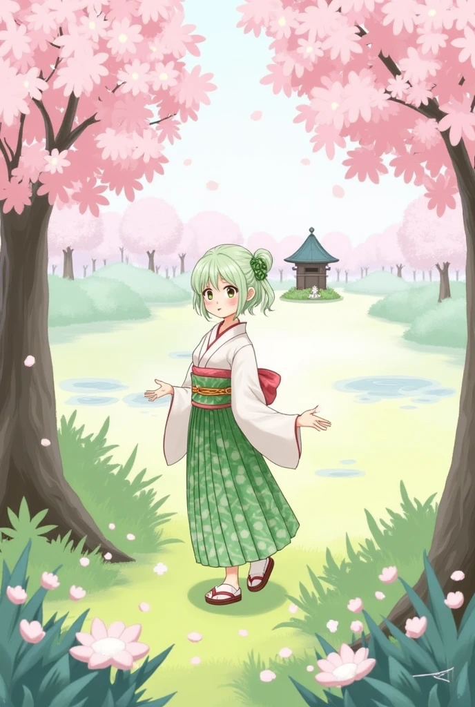Girl with pastel green hair with short ponytail in green and white kimono with a pink bow and with a frog. Cherry trees in the background with a frog altar