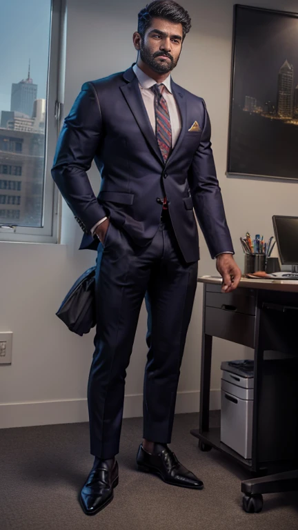 Indian business man bandhoiz thick beard dark color body doing work in office weared formal suit, tall nude hairy legs and big monster bulge, formal pointed shoes and socks, masterpiece, realistic, hd, hdr, D750F nikon camera photography, sharpness, perfect photography 