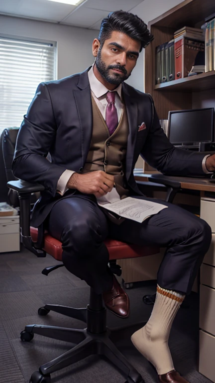 Indian business man bandhoiz thick beard dark color body doing work in office weared formal suit, tall nude hairy legs and big monster bulge, formal pointed shoes and socks, masterpiece, realistic, hd, hdr, D750F nikon camera photography, sharpness, perfect photography 