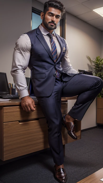 Indian business man bandhoiz thick beard dark color body doing work in office weared formal suit, tall nude hairy legs and big monster bulge, formal pointed shoes and socks, masterpiece, realistic, hd, hdr, D750F nikon camera photography, sharpness, perfect photography 