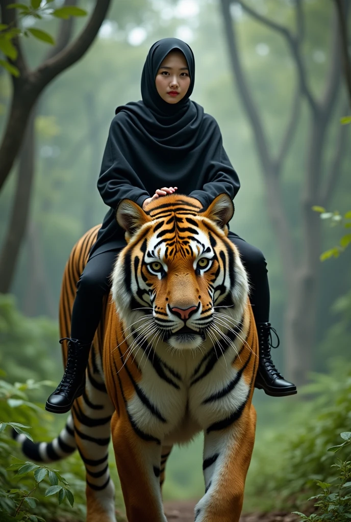 1 beautiful Korean muslim adult hijab woman,berjilbab,beautyface,senyum.wear a t-shirt,jaket fashion hitam hijab.dan celana panjang.white shoes. riding a giant tiger in the jungle, very big tiger, tampak depan, facial details.