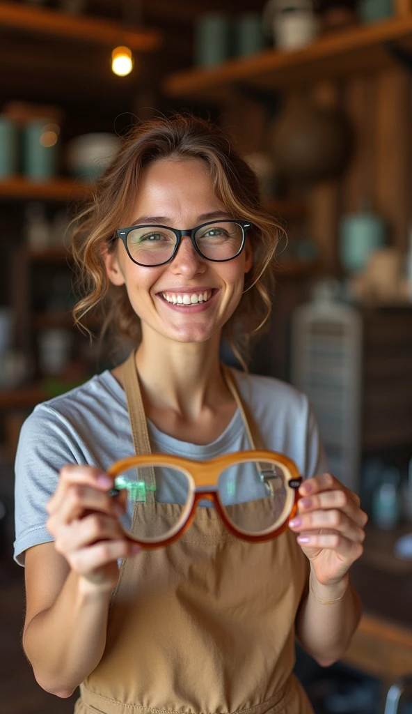 A smiling local artisan presenting their handmade wooden glasses