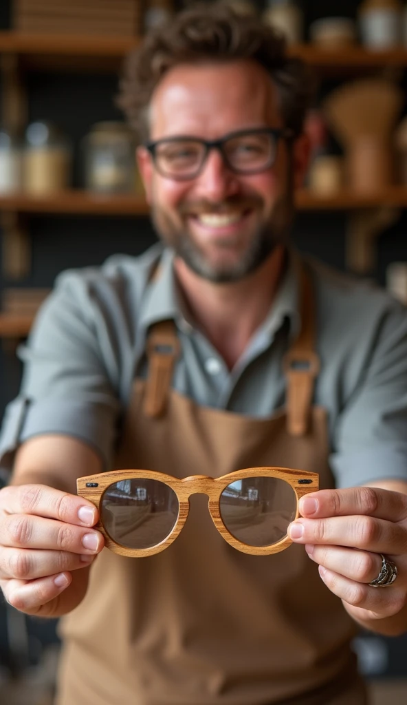 A smiling local artisan presenting their handmade wooden glasses