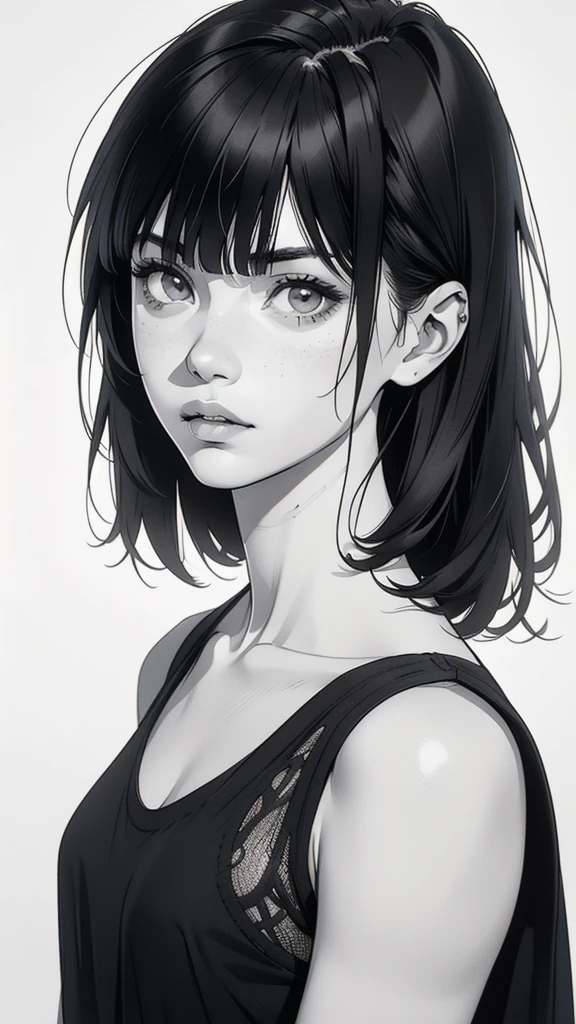 1 boyish girl, solo, sharp eyes, monochrome, greyscale, shoulder length black hair, portrait, blank white T-shirt, Thin eyebrows, closed mouth, looking at viewer, graphite \(medium\), detailed lips, hatching \(texture\), without makeup, (bangs), upper body, (best illustration), (best quality), (very detailed), (masterpiece), expressionless,