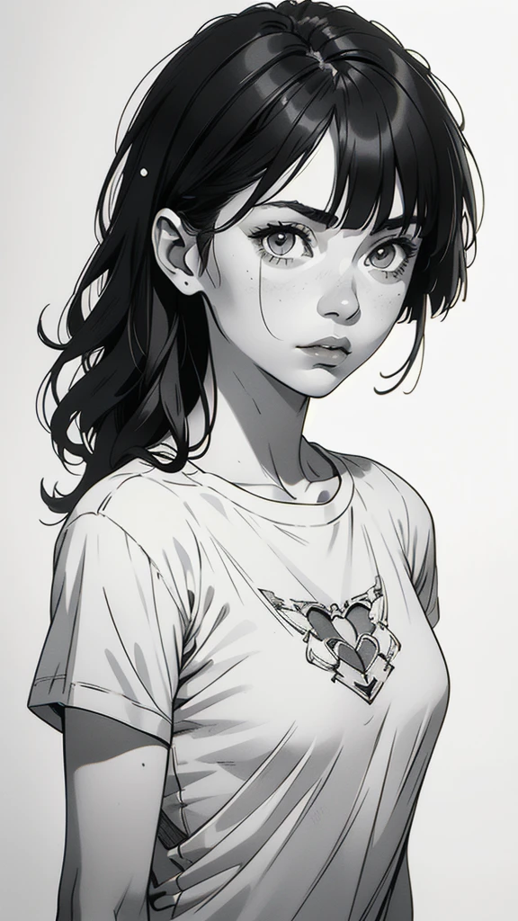 1 boyish girl, solo, sharp eyes, monochrome, greyscale, shoulder length black hair, portrait, blank white T-shirt, Thin eyebrows, closed mouth, looking at viewer, graphite \(medium\), detailed lips, hatching \(texture\), without makeup, (bangs), upper body, (best illustration), (best quality), (very detailed), (masterpiece), expressionless,