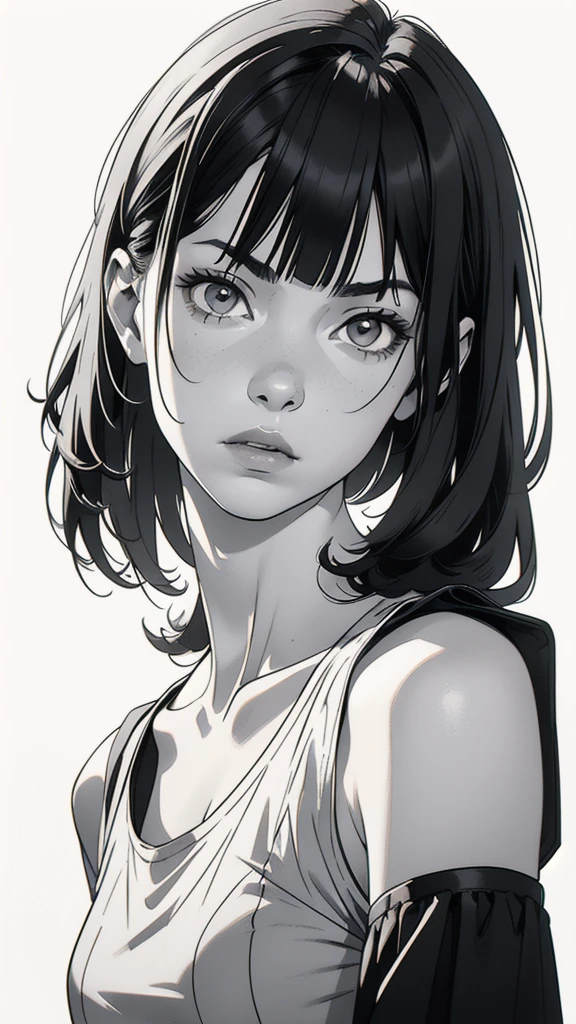 1 boyish girl, solo, sharp eyes, monochrome, greyscale, shoulder length black hair, portrait, blank white T-shirt, Thin eyebrows, closed mouth, looking at viewer, graphite \(medium\), detailed lips, hatching \(texture\), without makeup, (bangs), upper body, (best illustration), (best quality), (very detailed), (masterpiece), expressionless,