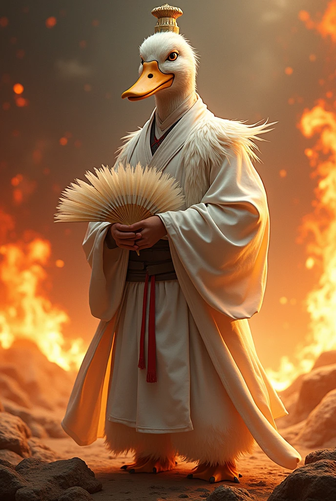 The duck's head on Kongming's body, Wearing Kongming's white clothes, Put on Kongming's hat, Holding Kongming's feather fan, fire everywhere