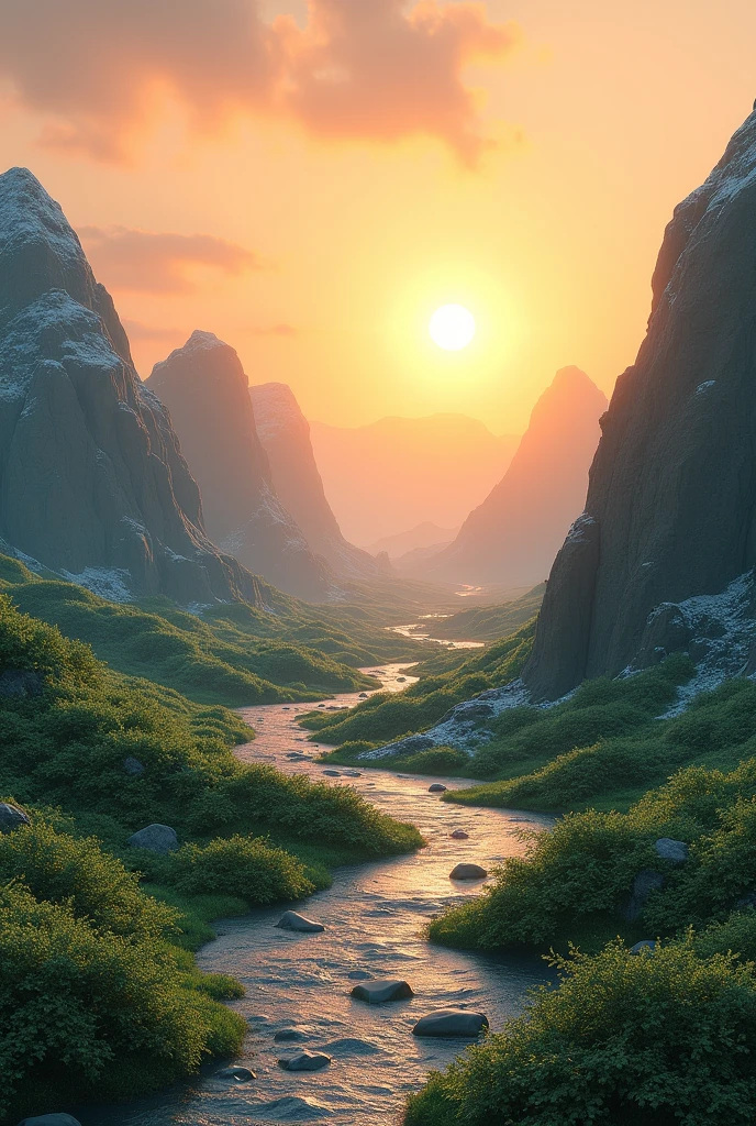 Sun rise between small moundains and full of green plants and snow in munar