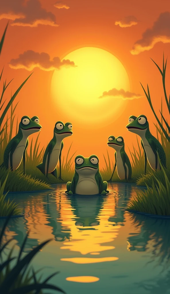 Setting: The same pond, now with the sky turning orange as the sun begins to set. The atmosphere is tense, and the little frog is clearly struggling.
Character Description: The little frog is now visibly tired, but he is still trying hard. His skin is stretched thin, and his looks strained. His friends are watching closely, their faces showing concern and fear.
Show as cartoons