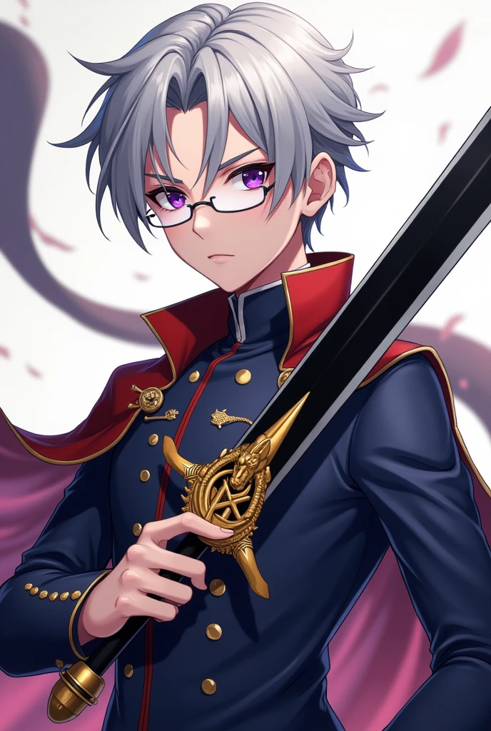 Short_silver_hair, hair_back_side, small_bangs_on the sides, 1young_man, really_purple_eyes, beautiful_and_detailed_eyes, serious_face, dress, noble_uniform, holding_a_black_sword_with_golden_dragon_handle, left_hand_inside_pocket, black_pants, detailed_hands, wearing_white_glasses, better_quality, HD_quality