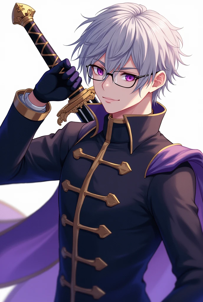 Short_silver_hair, hair_back_side, small_bangs_on the sides, 1young_man, really_purple_eyes, beautiful_and_detailed_eyes, serious_face, dress, noble_uniform, holding_a_black_sword_with_golden_dragon_handle, left_hand_inside_pocket, black_pants, detailed_hands, wearing_white_glasses, better_quality, HD_quality