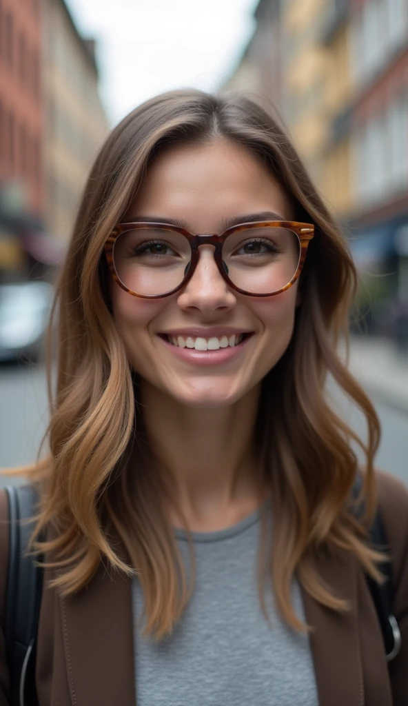 A person confidently wearing wooden glasses while walking down a street