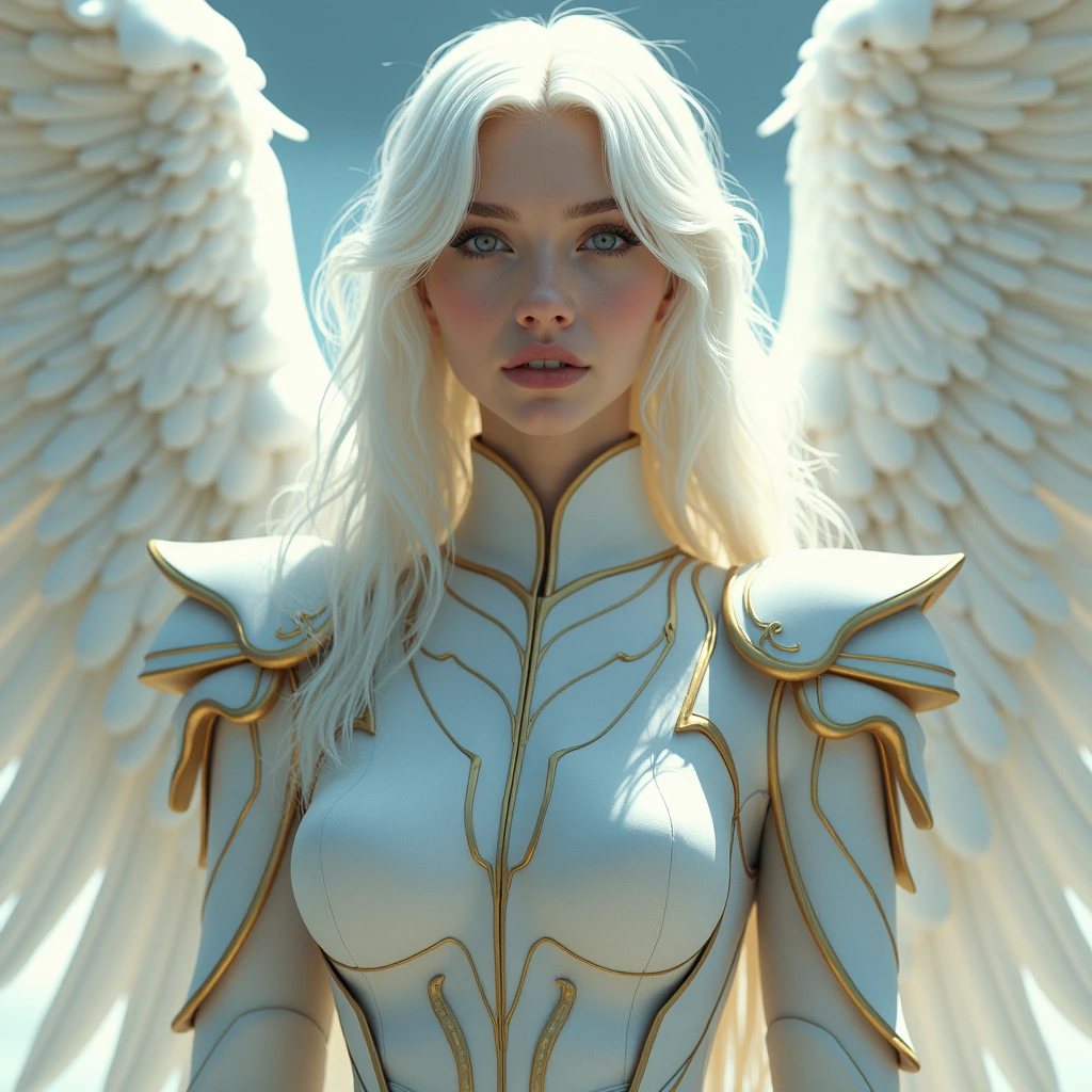 A tall women with silver-white hair and calm grey eyes, she wore a crown her face tantalizing, with wings extended from her back, she looks like goddess that has descended from the heavens, her presence seems to illuminate the world, she Was clad in white and gold Armor, her wings were pure like she doesn't belong in the mortal worldMasterpiece, Anatomically Correct, Accurate, High Resolution, Best Quality, Detail, High Details, Quality, Super Detailed, UHD,